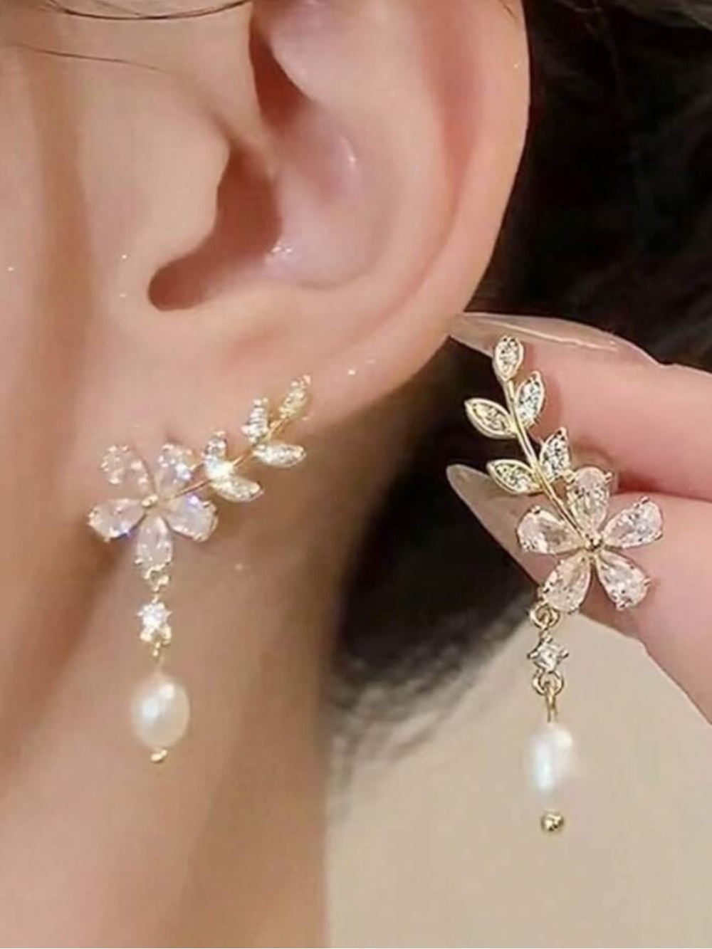 Yellow Gold Floral Pearl Drop Earrings - Women Jewelry